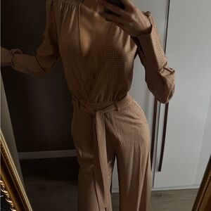 Reiss Tan Wrap-Style Jumpsuit with Tie Belt